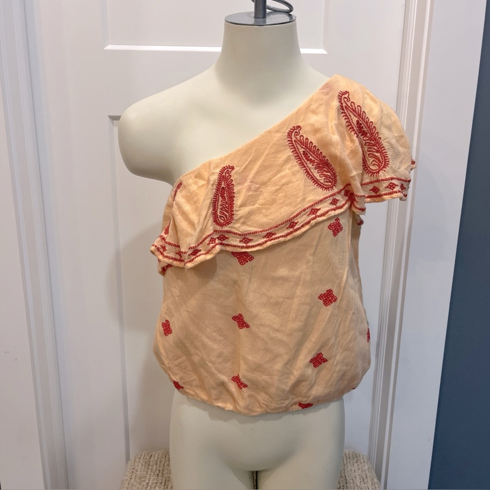 Free People Women’s Off The Shoulder Top Blouse Size XS Salmon‎ & Red Lined